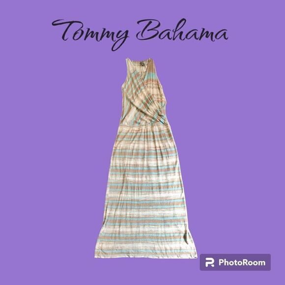 Tommy Bahama Women's Brown Blue Striped Sparkling Surplice Dress Maxi Medium - Picture 2 of 11